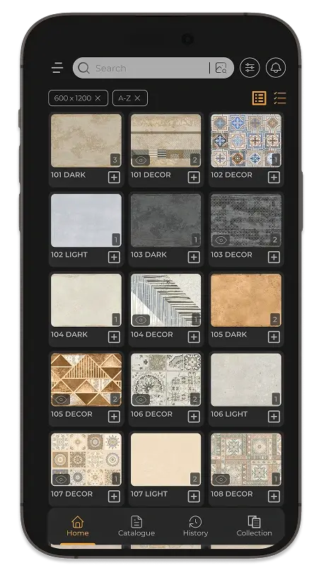 Tiles catalogue feature app screen mockup