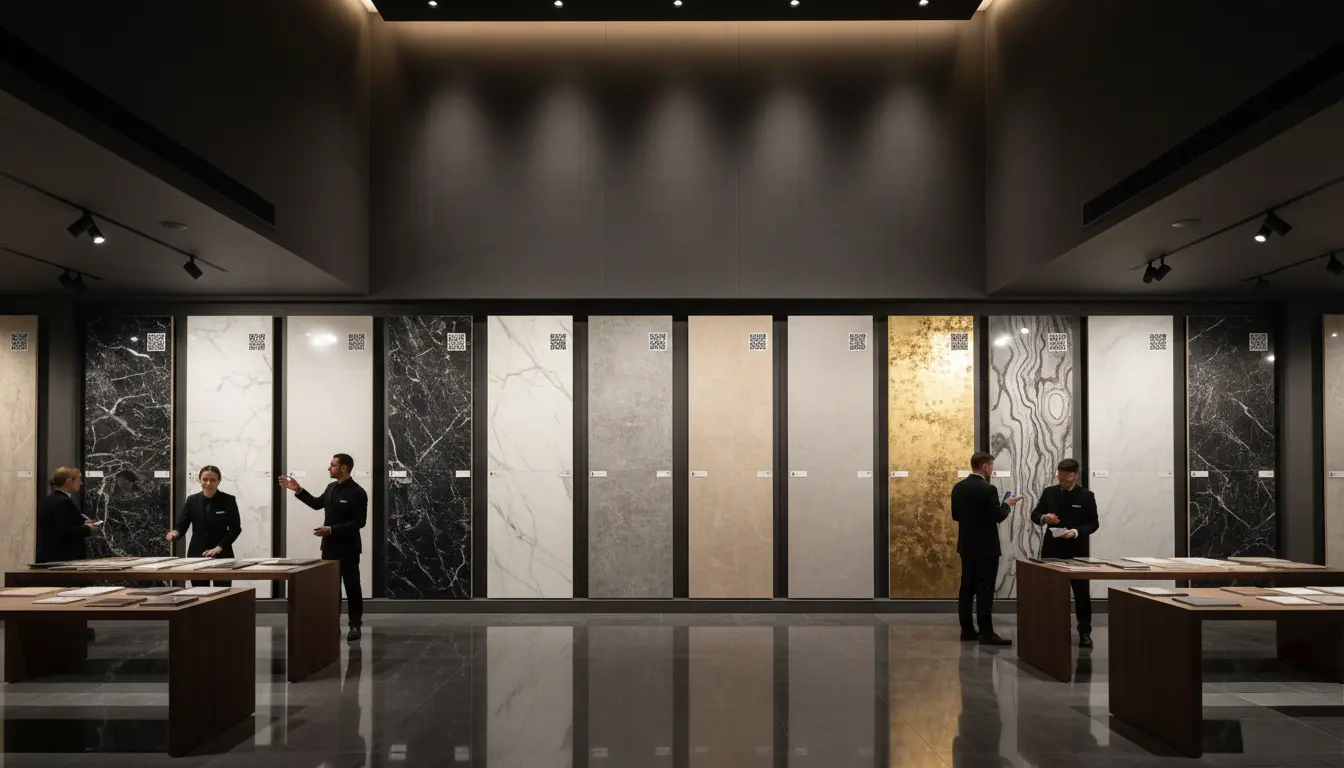 Showroom display with QR code integration for tiles